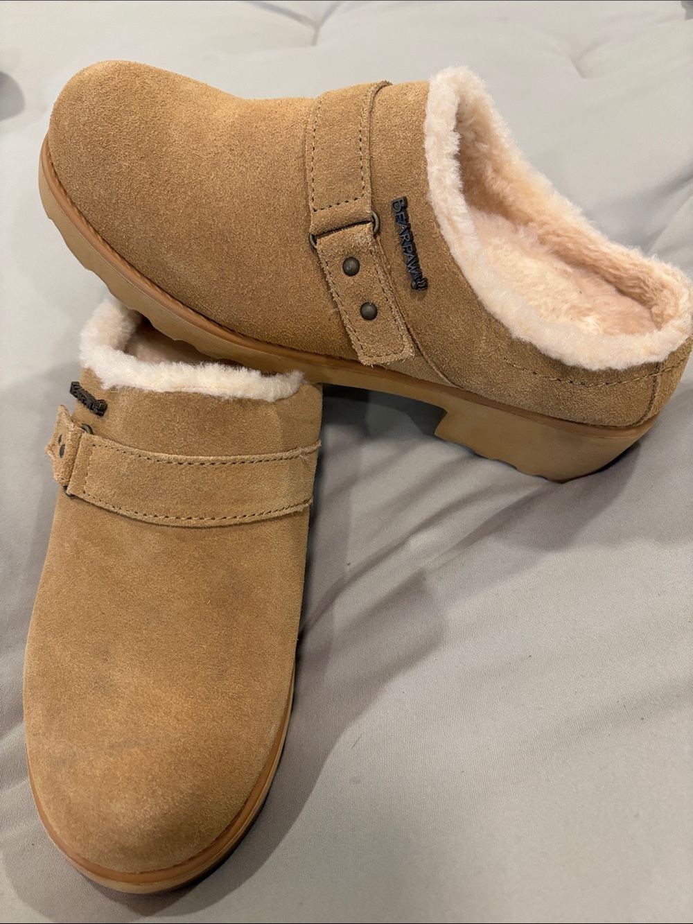 BearPaw Chestnut Suede Shearling-Lined Slip-On Clogs